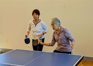 Two older women playing together in a game of table tennis