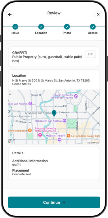 311 App Report Details screen showing the reported issue, map and address.