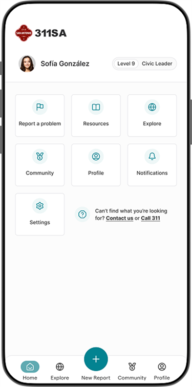 311 App Home screen showing navigation of app features.