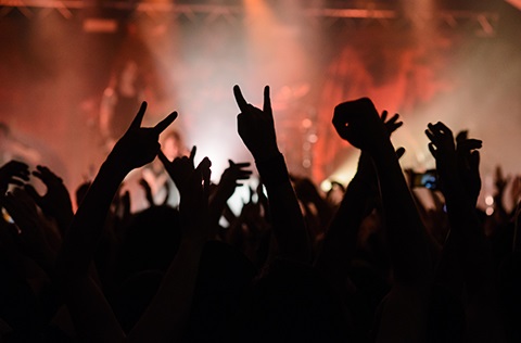 Silhouette of hands in the air at a concert.