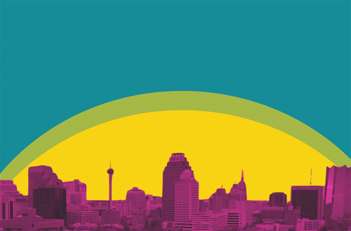 Stylized San Antonio skyline beneath a bright yellow sun, framed by a green arch against a teal sky.