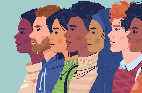 An illustration of people of different ethnicity all looking the same direction.