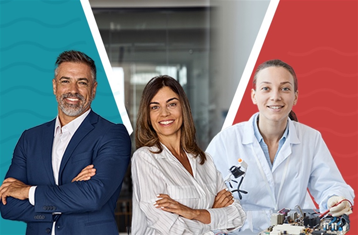 Three professionals—a businessman, businesswoman, and lab scientist—posed against stylized colored backgrounds.
