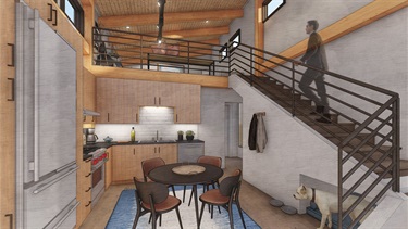 Interior Rendering North South Entry 2 of the Hinter Haus casita plan.