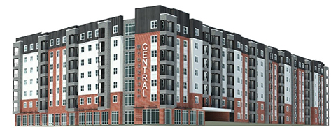 Central at Commerce will be a modern, multi-level apartment complex with balconies including a mix of grey and white siding and red brick.