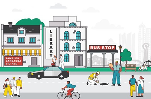 Illustrated city street with a library, bus stop, people walking and biking, and a worker digging near the sidewalk.