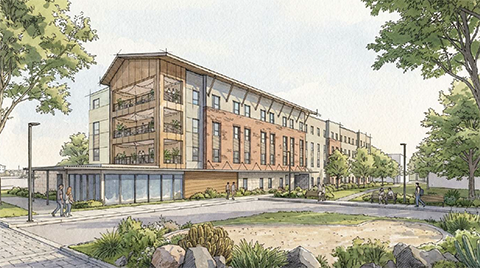 Judy at VIDA will be a dark grey and red multi-level, complex. The rendering also shows native landscaping surrounding different parts of the complex. 