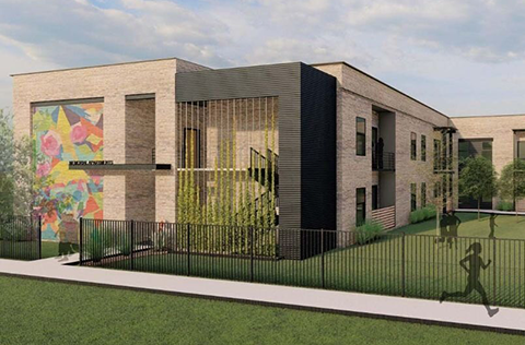Memorial Apartments rendering shows the complex will be beige and charcoal, dual-level and will include a colorful mural on one of the entrances.