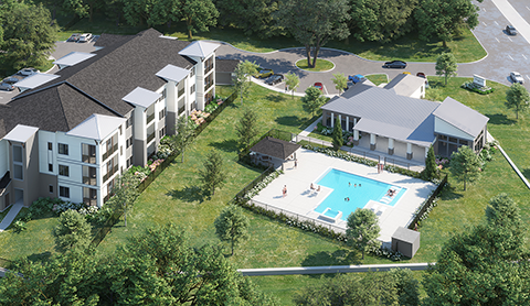 Palladium apartments rendering shows the complex will be grey, white and multi-level including a fenced in pool with lounge chairs in and outside the pool with some covered seating and lots of green landscaping throughout.