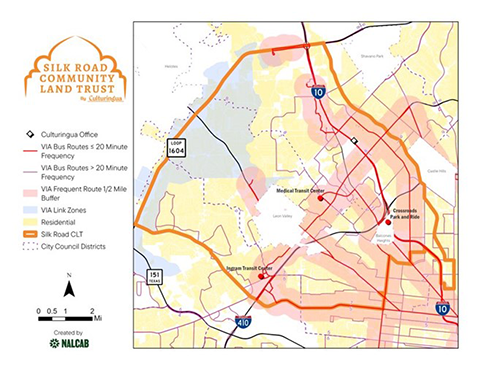 Location map of Silk Road (Culturingua) Community Land Trust (CLT). Homes within this CLT will be located within Council Districts 1, 6, 7 & 8 which include central, west and northwest areas of the City.