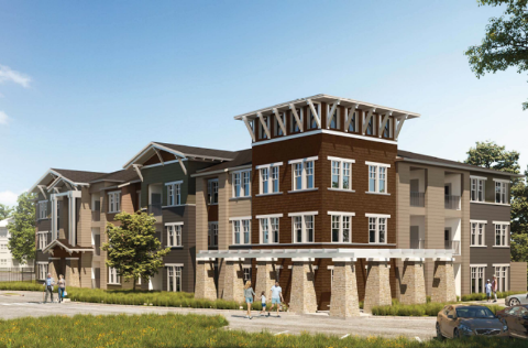 Tezel Road Apartments will be a multi-level, complex with predominantly brown and beige siding and white accents. The rendering also shows native landscaping surrounding different parts of the complex. 