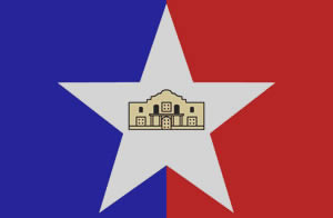 The Alamo in the middle of a star surrounded by Blue and White Stripes behind