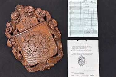 Elaborately carved 1925 City Seal with the Council Resolution & vote slip that made it the official City Emblem.