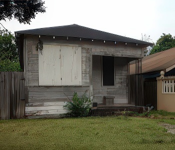 (Before): A small, aged house with a window covered up and a fence enclosing the yard.