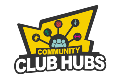 “Community Club Hubs” logo with a yellow badge, people icon, and branching activity symbols on a black background.