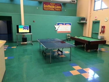 Game room has a ping pong table, pool table, and television.