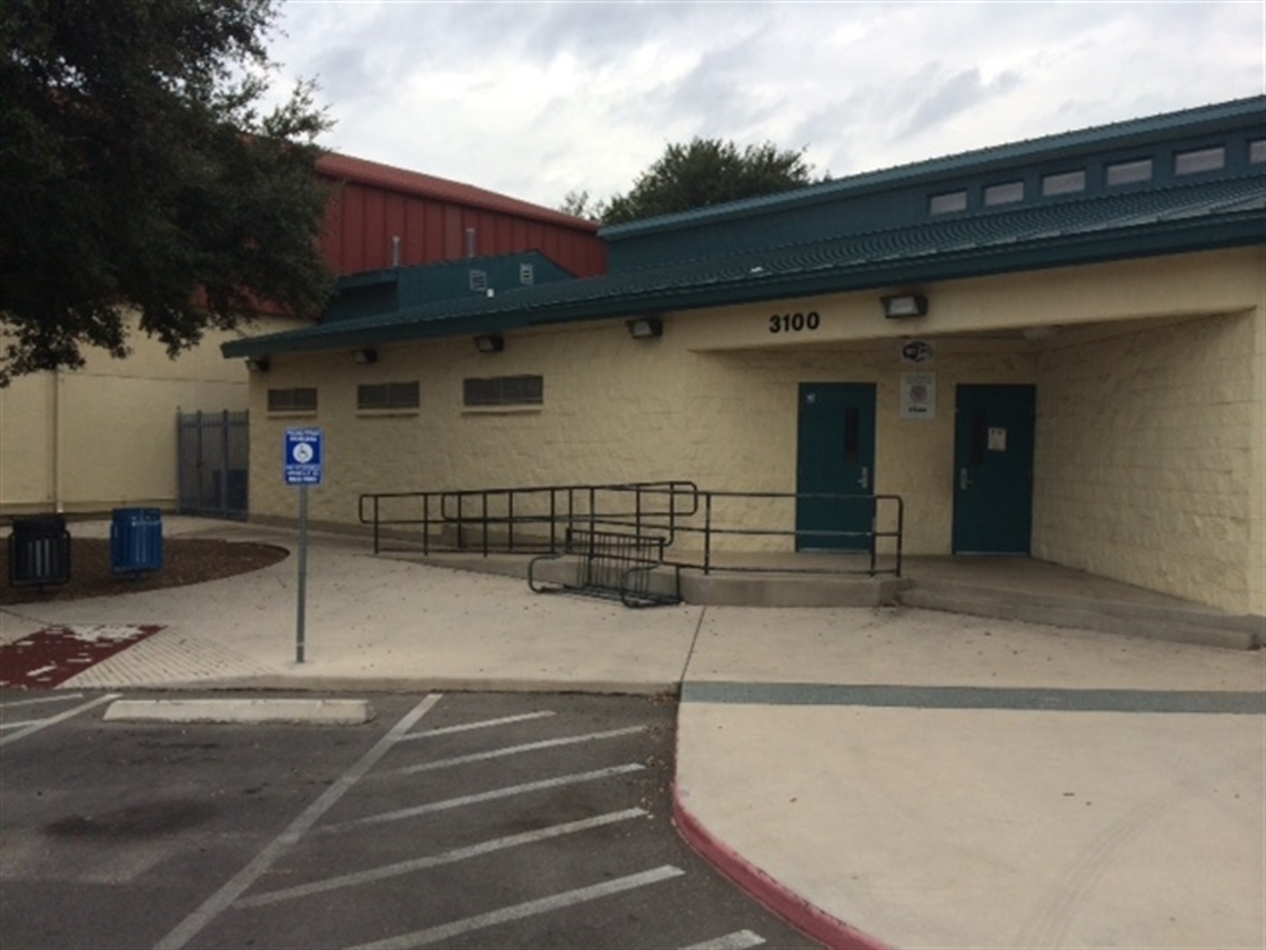 Exterior of the front entrance of the community center..