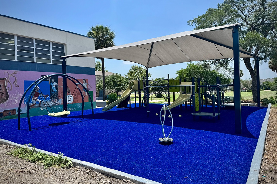 Covered playground on blue turf. Contains slides and jungle gyms.
