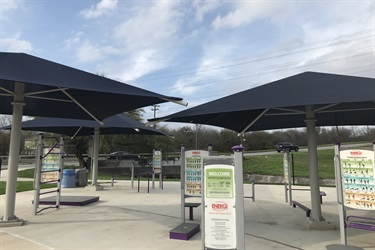 Umbrellas providing shade for outdoor workout stations.