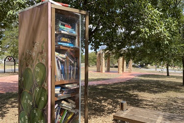 Little Free Library book rack with books on a park bookcase.