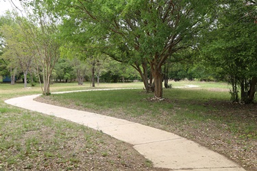 A paved path meandering through a peaceful park surrounded by trees.