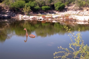 A pond with a metal sculpture of a dinosaur popping out of the water.