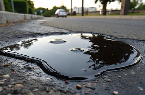 An oil-covered area on the road, illustrating a dangerous condition that could affect vehicle traction and safety.