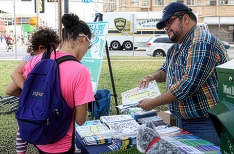 A man and woman stand by a table displaying brochures and books, engaged in conversation.