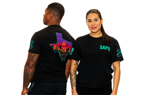 Man and woman modeling the front and back of a t-shirt.