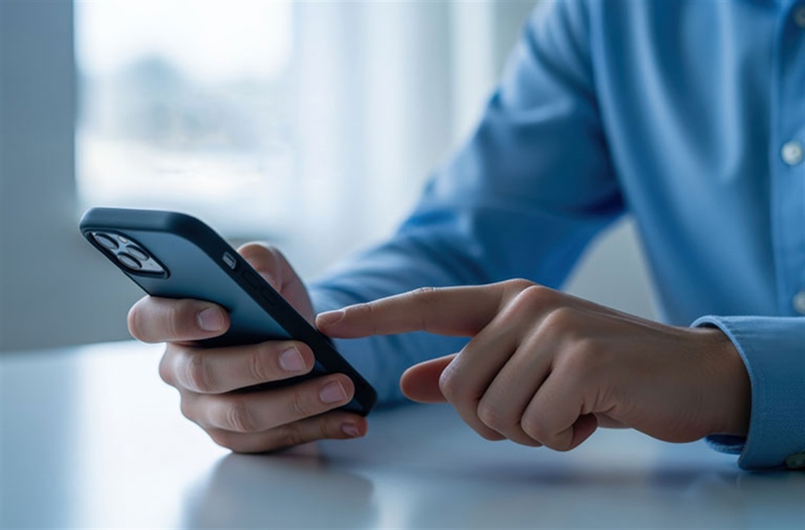 Close-up of a person in a blue shirt sitting at a table and typing on a smartphone.