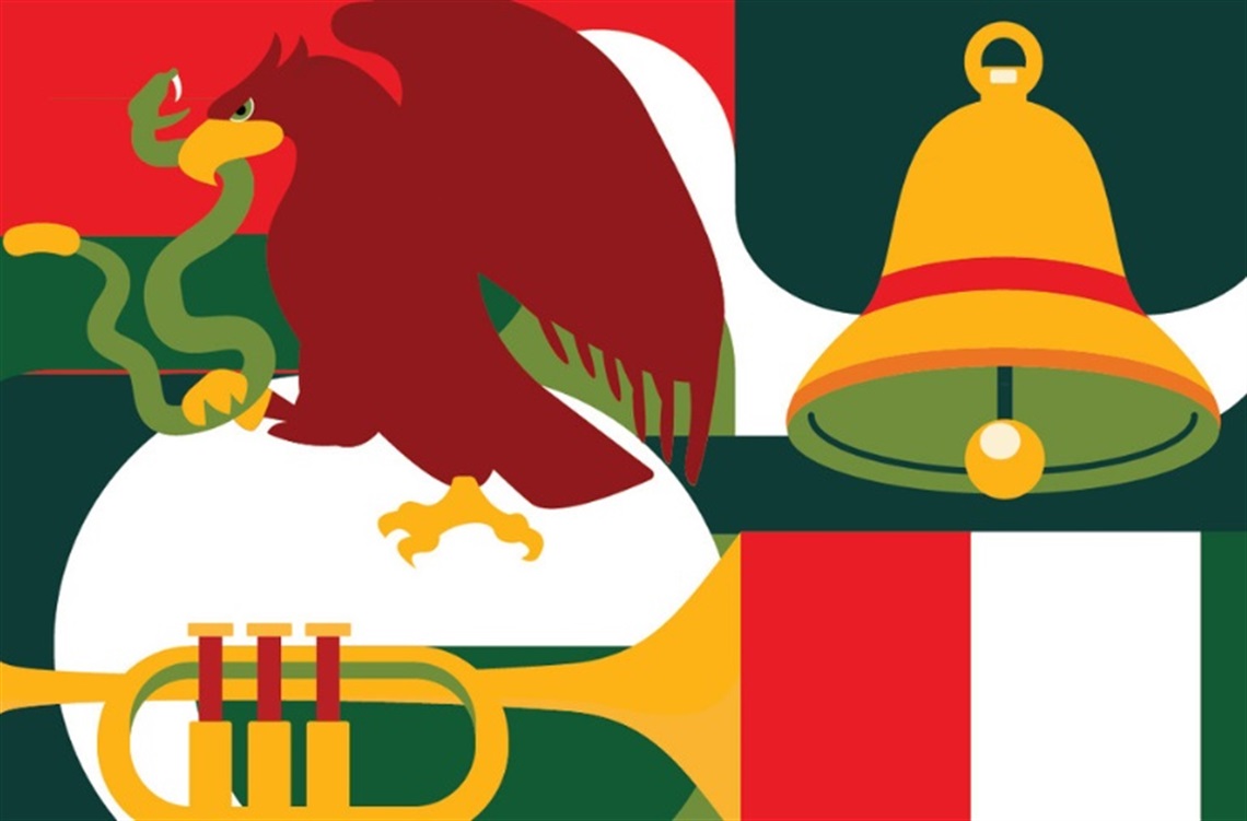 Mariachi duo with guitar, trumpet, and hat on red backdrop.