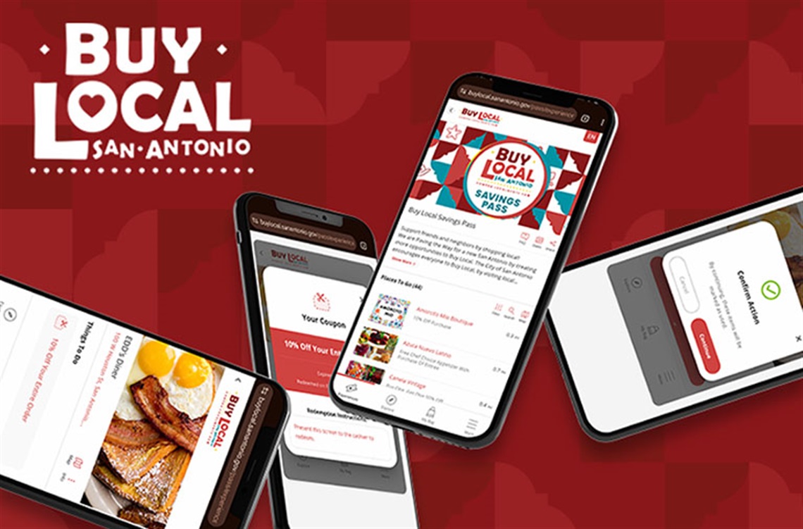 Buy Local Logo with cell phones showing various screens.