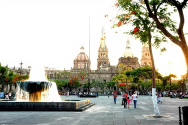Daytime image of Plaza de Liberación, Guadalajara Zócolo, and fountain in Guadalajara, Mexico.