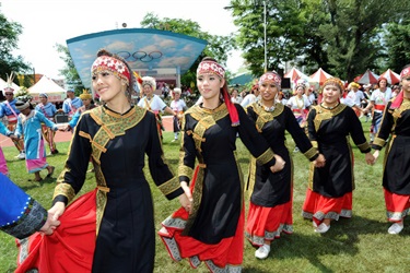 Group of young women cultural dancers at Kaohsiung Harvest Festival in Kaohsiung, Taiwan.