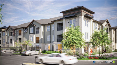 Heritage Estates at Medina will be a multi-level, complex with grey and white brick and siding. The rendering also shows native landscaping surrounding different parts of the complex.