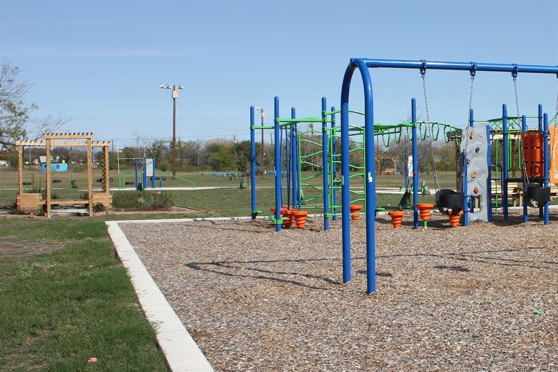 Colorful playground equipment at a park.
