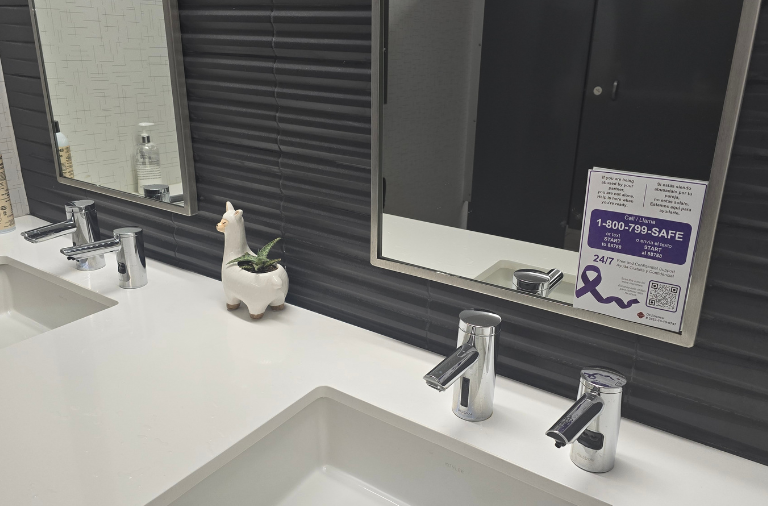 Domestic Violence Sign on Bathroom Mirror.