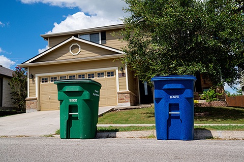 Green (organics) and Blue (recycling) cart at curb