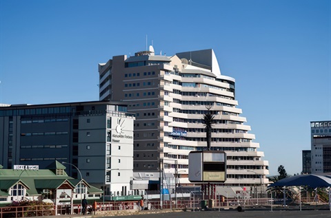 Tall modern building, the Sanlam Centre in Windhoek, Namibia.