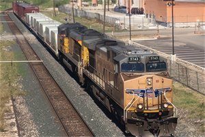 Union Pacific train near the Hays Street Bridge.