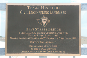 Engraving showing Hays Street Bridge was designated a Texas Historic Civil Engineering Landmark.